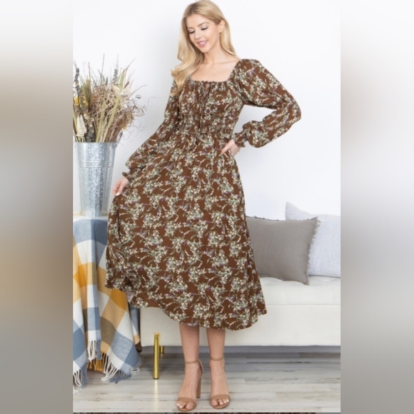 NWT EASEL Brown Floral Square Neck Dress - Picture 3 of 6
